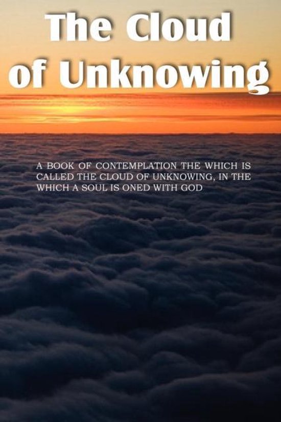 Boek "The Cloud of Unknowing" met een zonsondergang boven een zee van wolken.