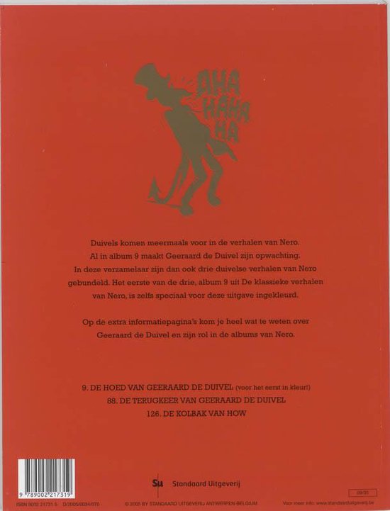 Achterkant stripboek "De Duivelse Trilogie". Gekleurde titel "AHA HA HA HA" en illustratie van een duivelse figuur. Tekst over de verhalen.