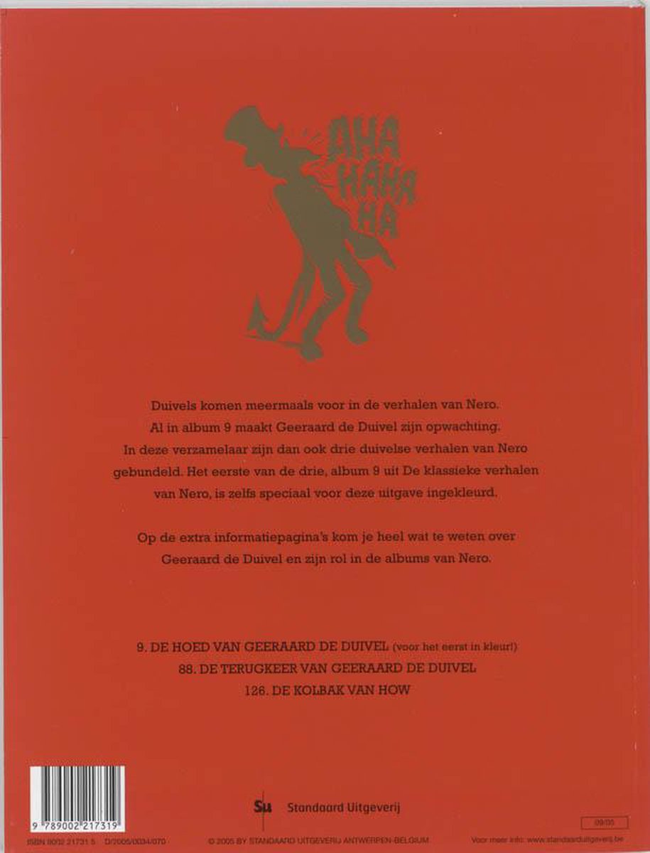 Achterkant stripboek "De Duivelse Trilogie". Gekleurde titel "AHA HA HA HA" en illustratie van een duivelse figuur. Tekst over de verhalen.