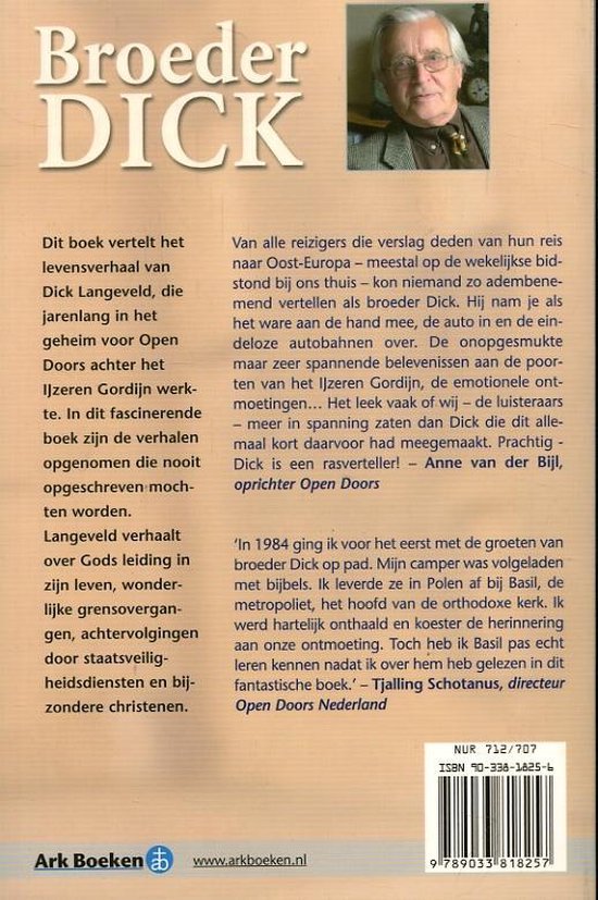 Boek "Broeder Dick" met een portret van een oudere man met bril op de achterflap.