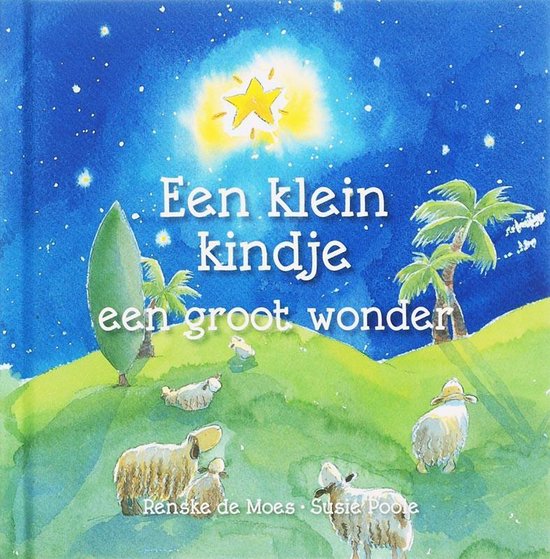 Boek 'Een klein kindje een groot wonder' met schapen en een ster in een nachtelijke hemel.