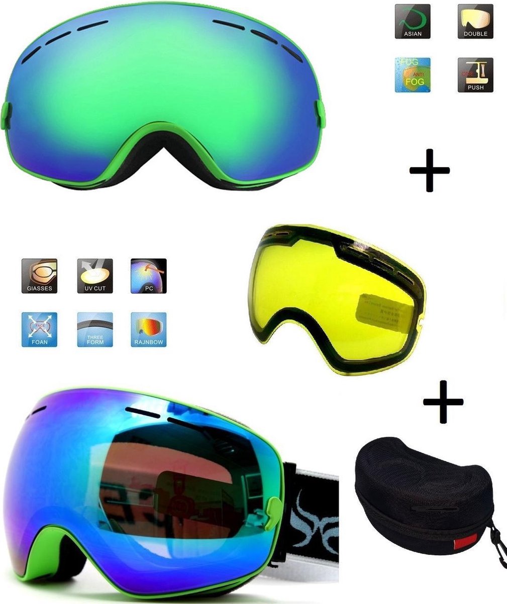 Ski bril met box en EXTRA lens Smoke Green frame Groen F type 5 Cat. 0 tot 4 - ☀/☁