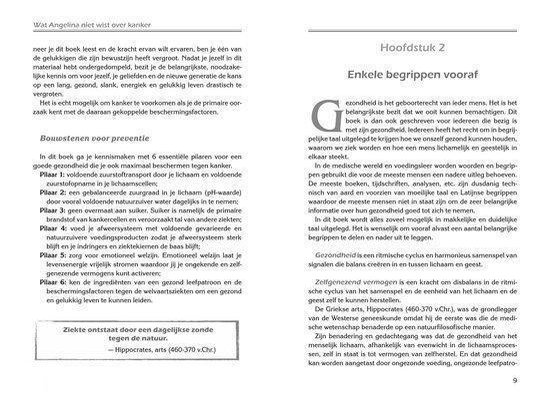 Open boekpagina's met tekst. Links: 'Wat Angelina niet wist over kanker'. Rechts: 'Hoofdstuk 2'.
