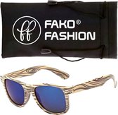 Fako Fashion® - Zonnebril - Houtlook - Beige/Blauw Spiegel