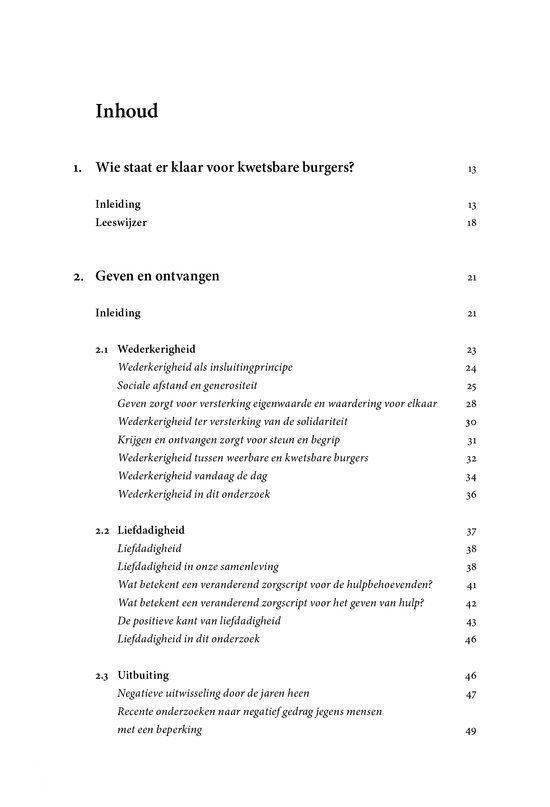 Boekpagina met inhoudsopgave, inclusief hoofdstukken over 'Wie staat er klaar voor kwetsbare burgers?' en 'Geven en ontvangen'.