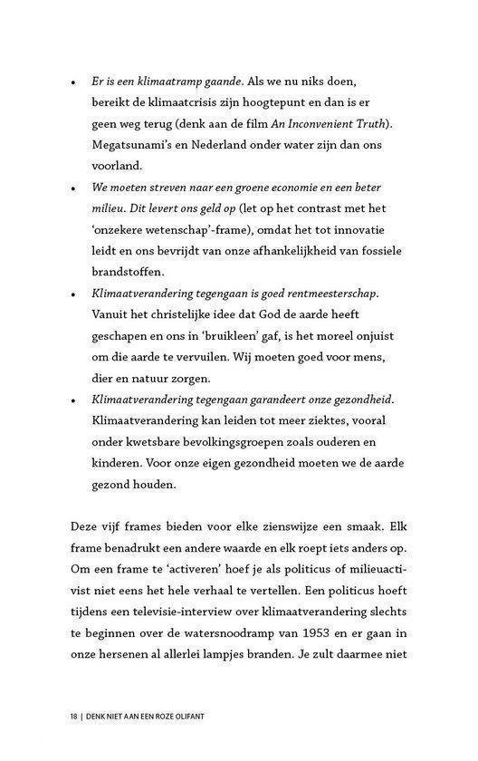 Pagina 18 uit het boek 'Denk niet aan een roze olifant' met tekst over klimaatverandering.