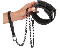 Bad Kitty – Onderdanige Bondage Training Halsband met Reliëf en Polsband Ketting – Zwart
