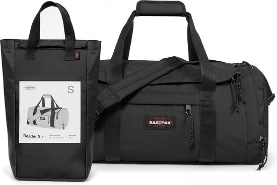 Zwarte Eastpak Reader S+ reistas met bijpassende draagtas en maat S label.