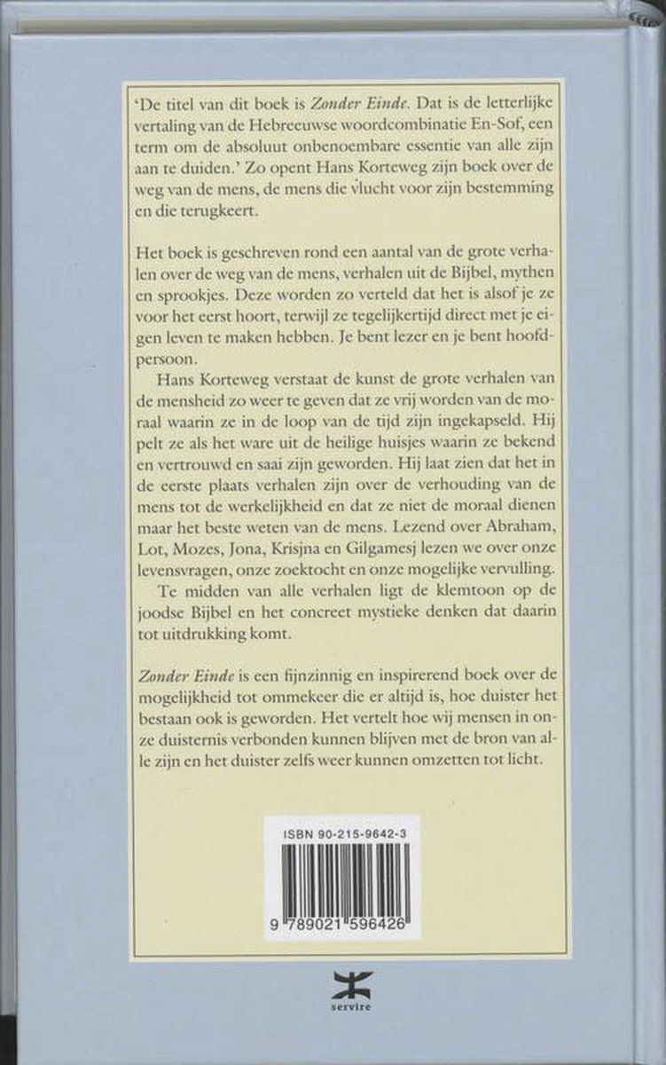 Achterkant boek Zonder einde. Tekst over de inhoud en ISBN.