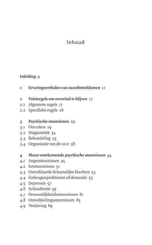 Tekstpagina uit een boek met de inhoudsopgave, beginnend met 'Ervaringsverhalen van naastbetrokkenen' en 'Psychische stoornissen'.