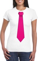 Wit t-shirt met roze stropdas dames XS