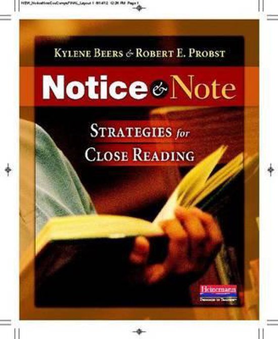 Boek 'Notice & Note: Strategieën voor Close Reading' door Kylene Beers & Robert E. Probst. Een hand wordt getoond die een open boek vasthoudt.