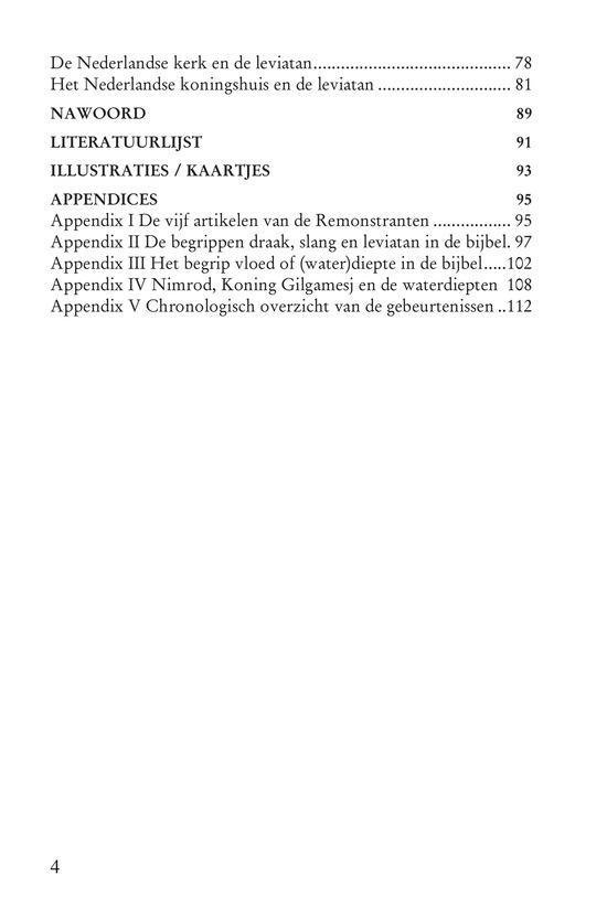 Pagina met de Nederlandse kerk, het koningshuis, leviathan, nawoord, literatuurlijst, illustraties en appendices.
