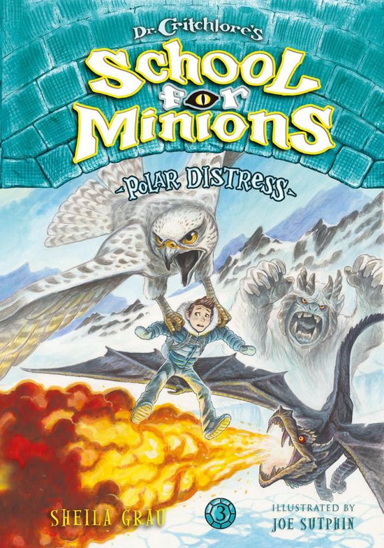 Dr. Critchlore's School for Minions 3 - Polar Distress: Een jongen wordt vastgehouden door een vogel, terwijl een draak vuur spuwt naar een monster.