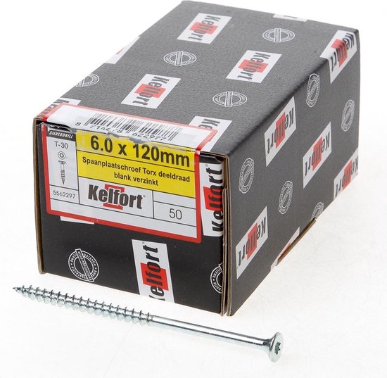 Kelfort Spaanplaatschroef platverzonken kop verzinkt T30 deeldraad 6.0 x 120mm (50 stuks)