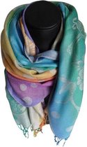 Mooie hippe sjaal van pashmina mix kleuren bloemen en stippen lengte 180 cm breedte 70 cm.