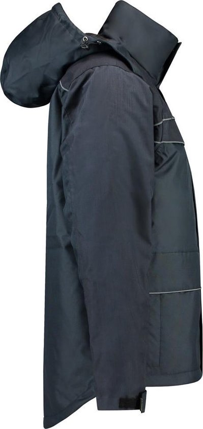Donkerblauwe Tricorp parka, zichtbaar vanaf de zijkant, met capuchon en reflecterende details.