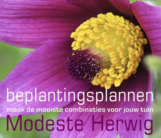 Paarse bloem met gele meeldraden. Tekst: 'beplantingsplannen maak de mooiste combinaties voor jouw tuin Modeste Herwig'.