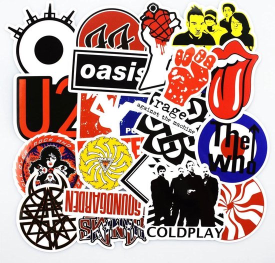 50x vinyl Muziek bands stickers - oa Soundgarden, U2, RHCP, Nirvana, Coldplay - UV bestendig, watervast, verwijderbaar - Plaatjes voor Laptop, koelkast, skateboard, gitaar, koffer etc.