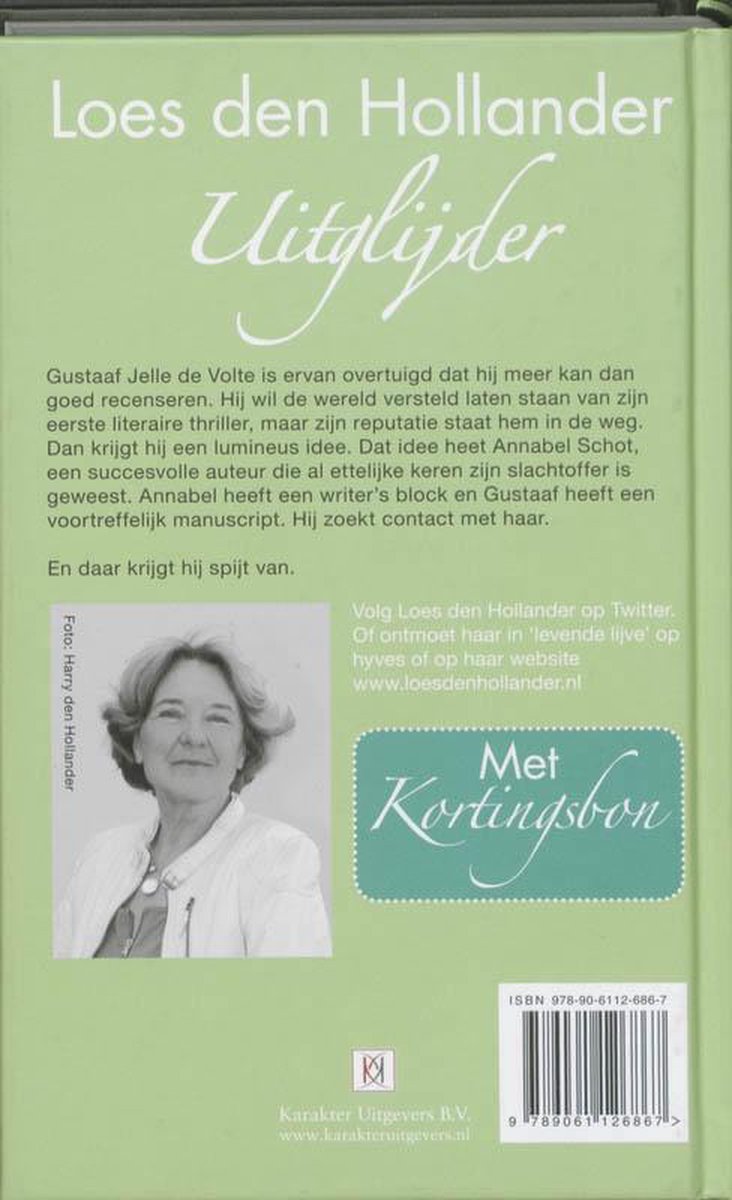 Achterkant van het boek 'Uitglijder' met foto van Loes den Hollander.