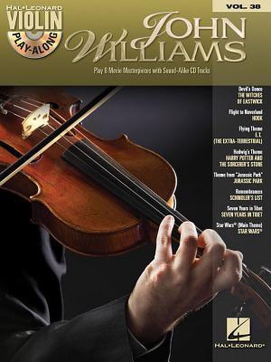 Boekhoes John Williams Violin Play-Along Vol. 38 met een close-up van een vioolspeler.