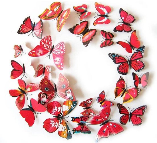 Muurdecoratie - vlinder - 3D muursticker - kinderkamer - rood - DisQounts