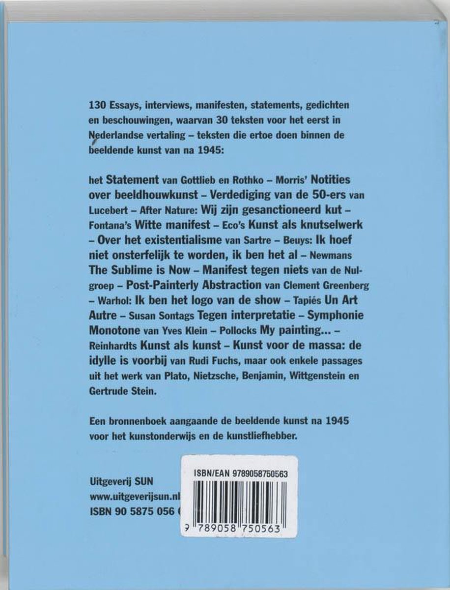 Achterkant van een boek met tekst over kunst na 1945, uitgeverij SUN en ISBN.