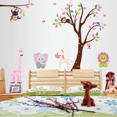 Muursticker boom met dieren in roze thema / wanddecoratie kinderkamer / babykamer.