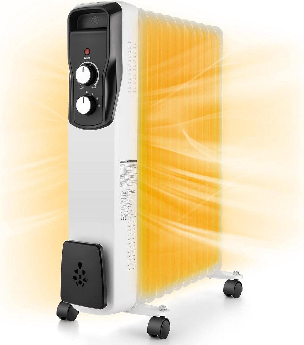 Energiebesparende elektrische olieradiator 2500 W met variabele thermostaat en 3 warmtestanden