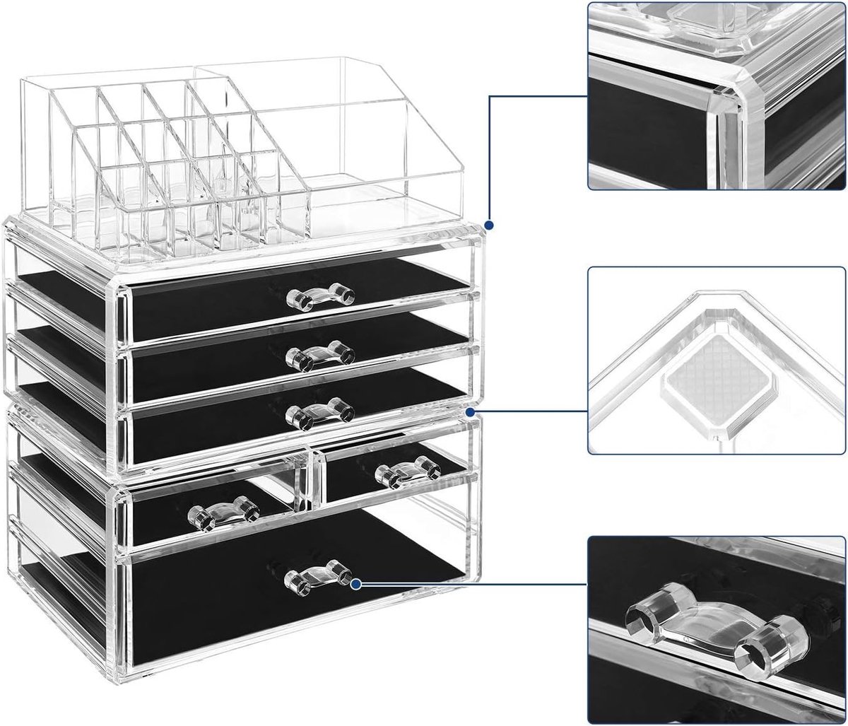 Famanu – Make-up organizer met 6 laden en 15 vakken in verschillende maten, transparant