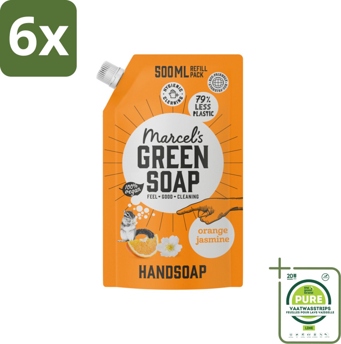 Marcel’s Green Soap – Handzeep Navulling – Sinaasappel & Jasmijn – 500 ml - Voordeelverpakking - 6 stuks - Handzeep - Sinaasappel