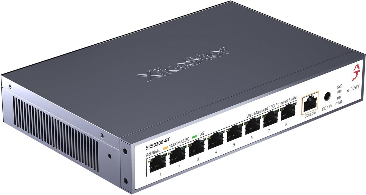 8 x 10 GB Ethernet Switch met webbeheer, ventilatorkoeling en QoS voor NAS, servers en gaming - Desktop, Wand en Rack
