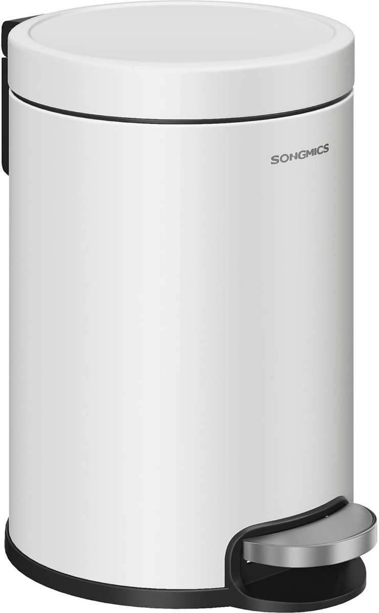 SONGMICS Badkamerprullenbak - toitletprullenbak - Pedaalemmer - 3 liter - metaal - Soft-Close Deksel - met Binnenemmer - wit