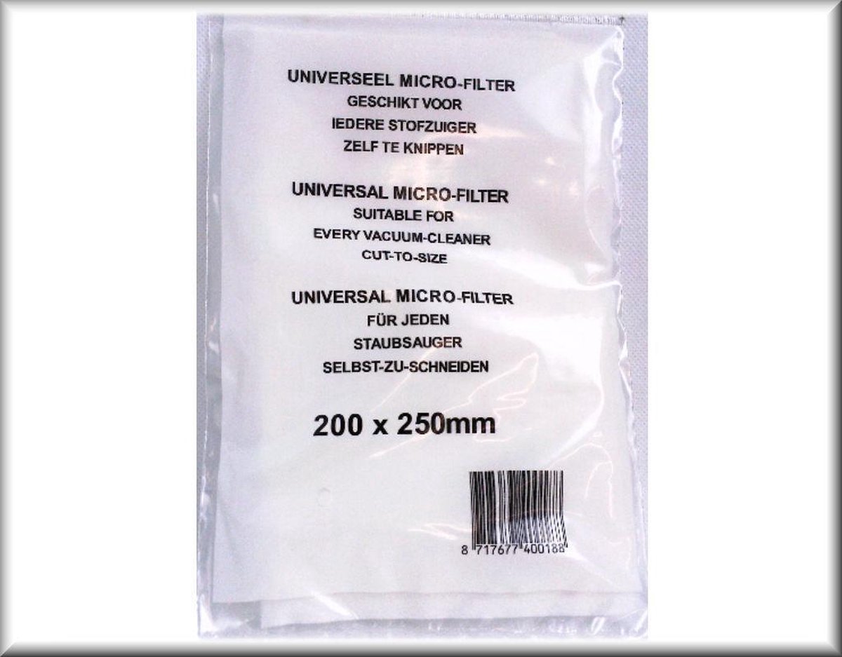 Universeel microfilter - 200 x 250mm - Stofzuigerfilter - Zelf op maat te knippen - Stofzuiger Filter - Geschikt voor alle merken