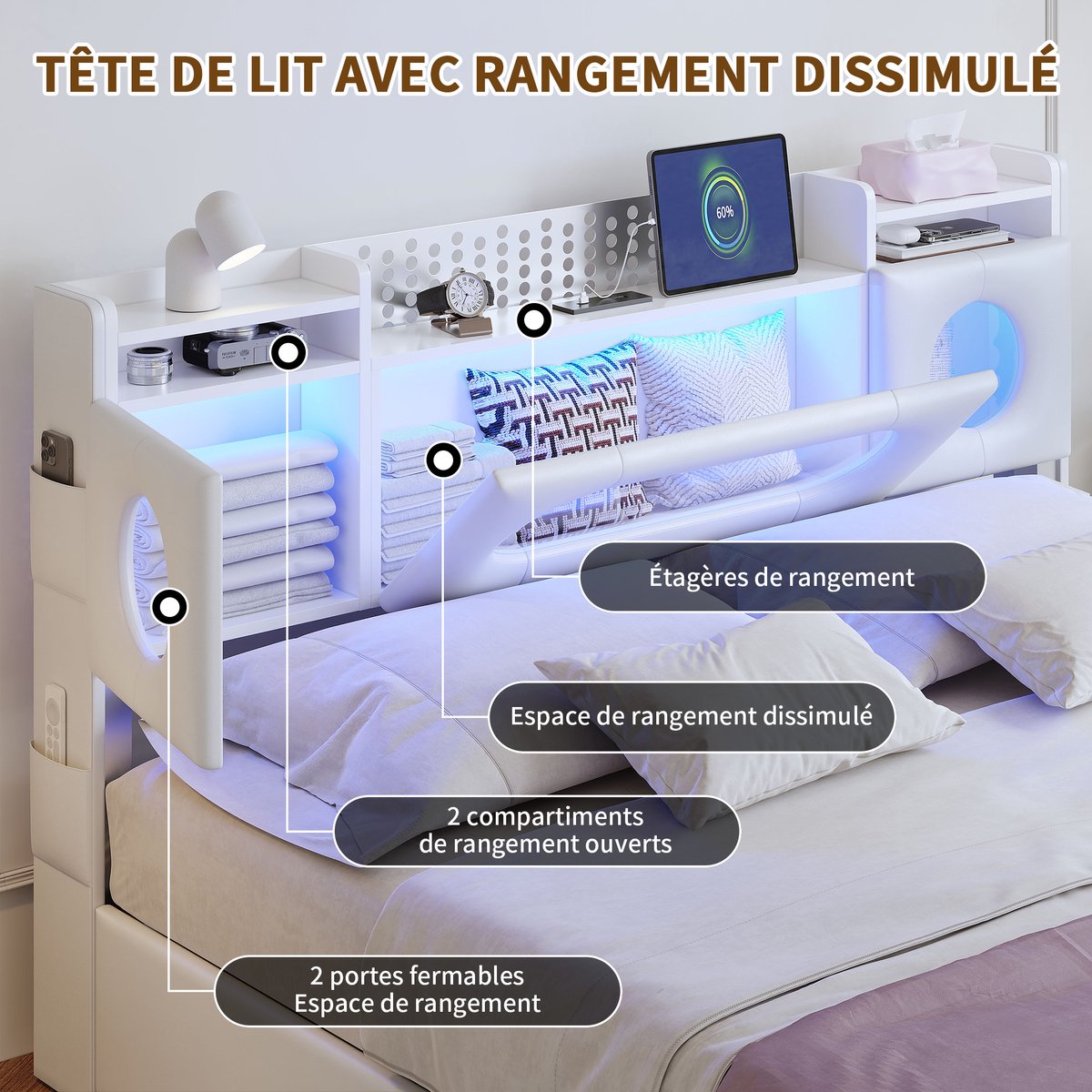 Gasveerbed 160x200 cm met LED-hoofdbord, USB en Type-C, opbergvak en opbergruimte onder het bed thumbnail 5