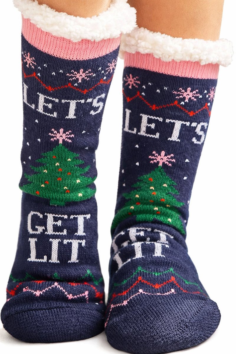 Malinsi® Huissokken Dames & Heren - Let's Get Lit - Dikke Winter Fleece - Grappige Leuke Fluffy AntiSlip Sokken - Gevoerde Bedsokken Cadeaus Volwassenen - Gekke Slofsokken Cadeautjes - Kerst Funny Cadeau voor Vrouwen & Mannen - Geschenk Kerstsokken