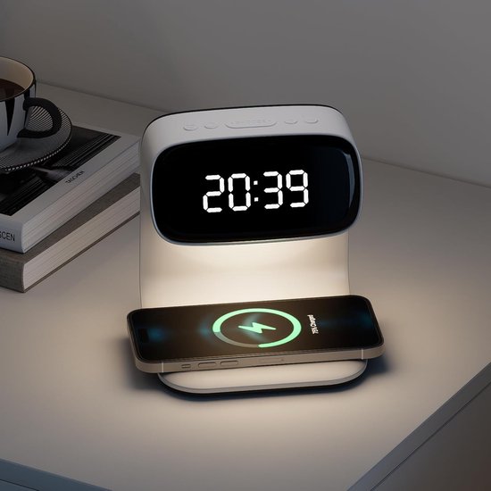 Draadloze snellader - digitale wekker - intelligente lamp uit de hoofdeinde van het bed - drie kleuren -huiskamer - hoofdeinde - nachtlamp voor zware slapeloosheid - verstelbare nachtlamp - wit van Merkloos — afbeelding 2