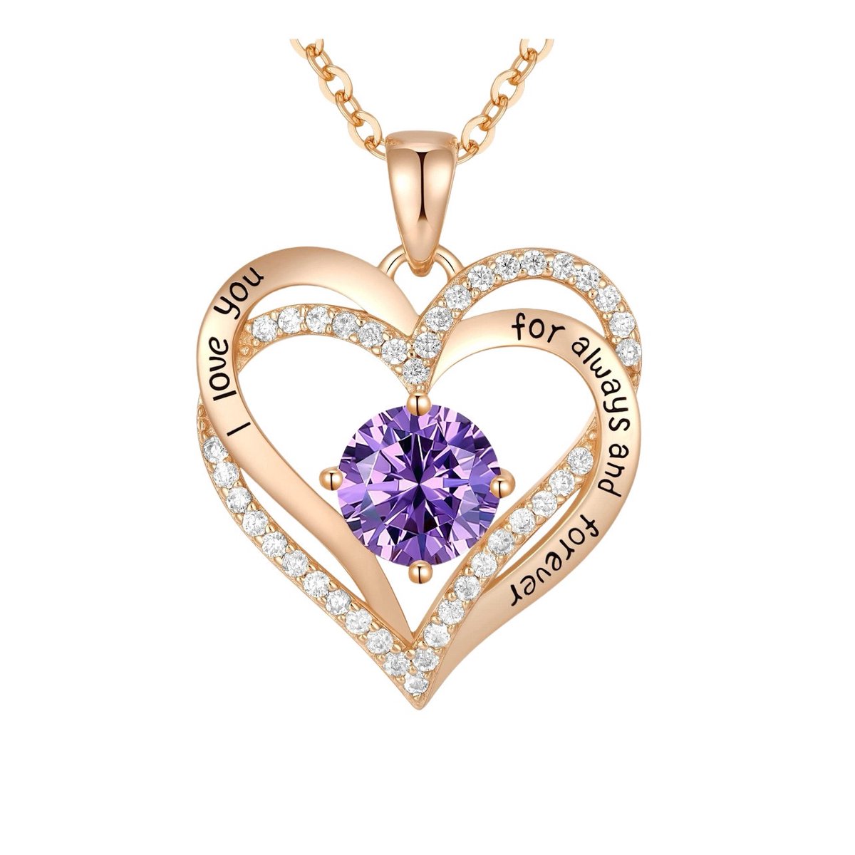 Lumici® | Hart in Hart v2 - I Love You Ketting - ''For Always And Forever'' - Stainless Steel Sieraden - RVS - Hartjes Ketting - Cadeau Voor Vrouwen - Moederdag Cadeau - Dames Ketting - Collier - Valentijn - Liefde - Rose Goud & Zilver - Paarse Steen