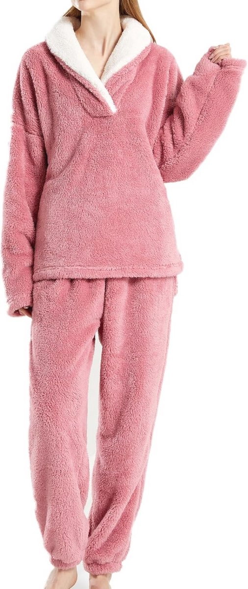 Dames Pyjama Set Lange Capuchon Fleece Winter Loungewear 2-delig