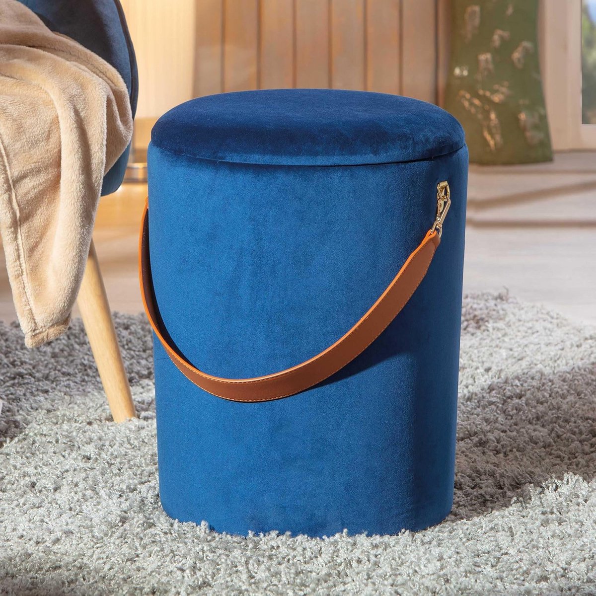 Blauwe Fluweel Hocker met Opbergruimte en Draaghendel - 45 cm Hoog