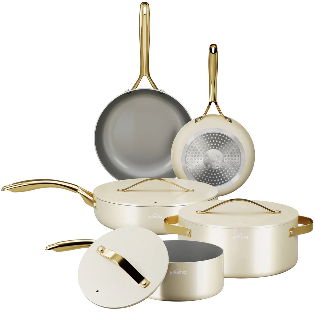 Homelux Luxe Pannenset 8-delig Wit/Goud – Complete Kookpannenset & Koekenpannen met Deksels – Inductie Pannenset met Antiaanbaklaag – Aluminium Gesmede Pannen – Geschikt voor Inductie Gas Elektrisch Keramisch – Ideaal voor Dagelijks Koken Ceyiz