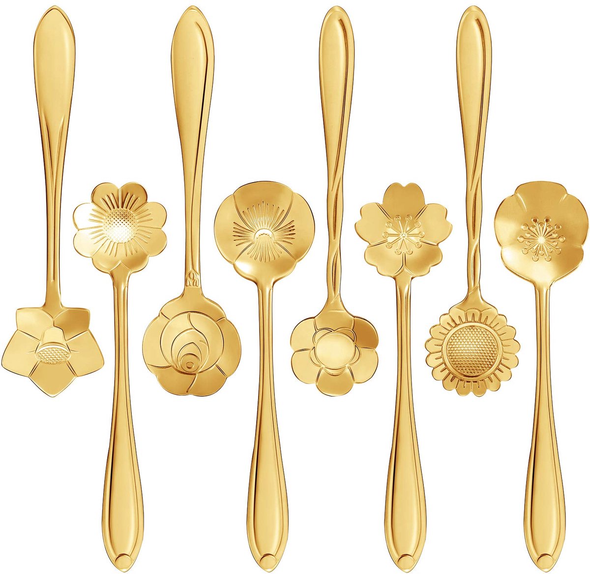 8 stuks - Lepels - lepelset - Koffielepel – RVS - Dessertlepelset – 12 cm – IJsschep – Theelepel – Suikerlepel - Bloemmotief - Geschenkset - Goud