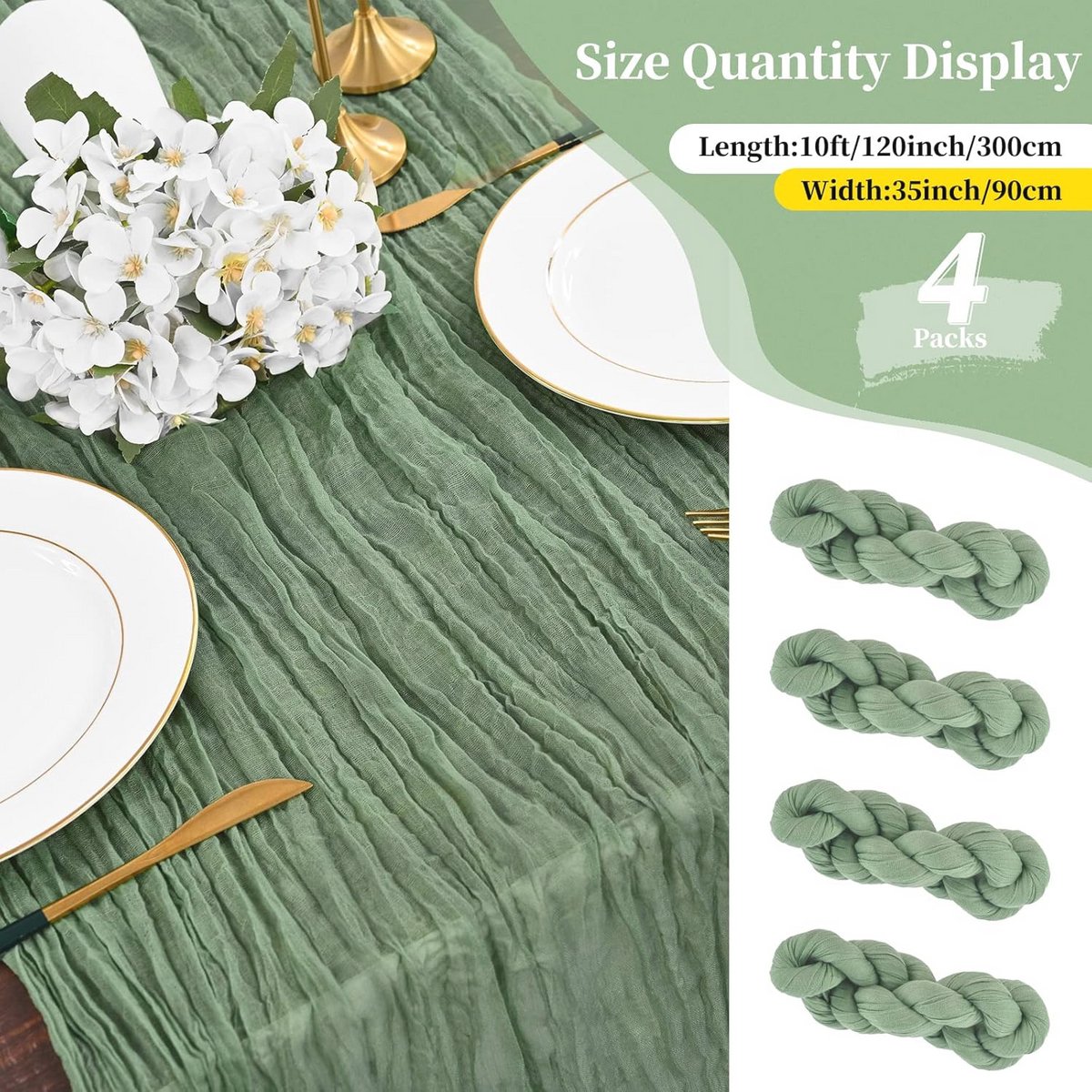 Saliegroene 4-pack semi-transparante kaasdoek tafelloper 10ft voor rustieke decoraties