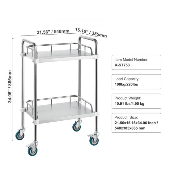 VEVOR Laboratorium Trolley – 2 Lades En 2 Planken – Roestvrij Staal – 100 Kg Laadvermogen – 4 Wielen (2 Rem) – Voor Ziekenhuis En Tandarts