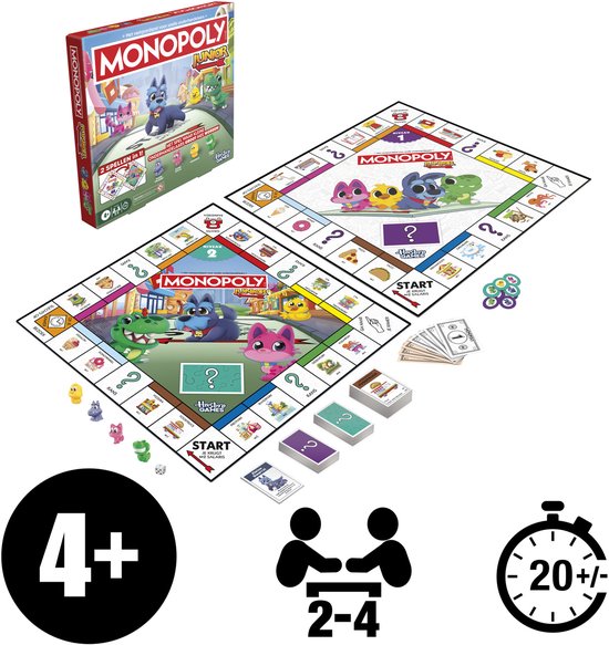 Monopoly Junior bordspel met twee speelborden, pionnen, geld en kaarten.
