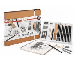 Professionele Tekenset - Grafietpotloden, Houtskoolpotloden, Fineliner Zwart, doezelaars, Schuurpapierblok, Kneedgum & gum - Luxe Giftbox