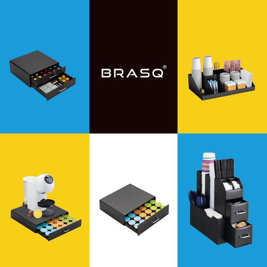 Collage de produits Brasq : boîtes à capsules avec capsules Nespresso, tasses à café et accessoires.