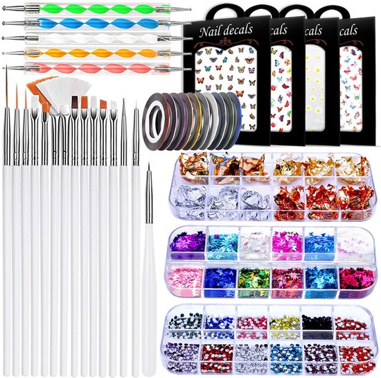 Complete set voor nail art met dotting pens, penselen, nail striping tape, nail decals, folie, glitters en strass-steentjes.