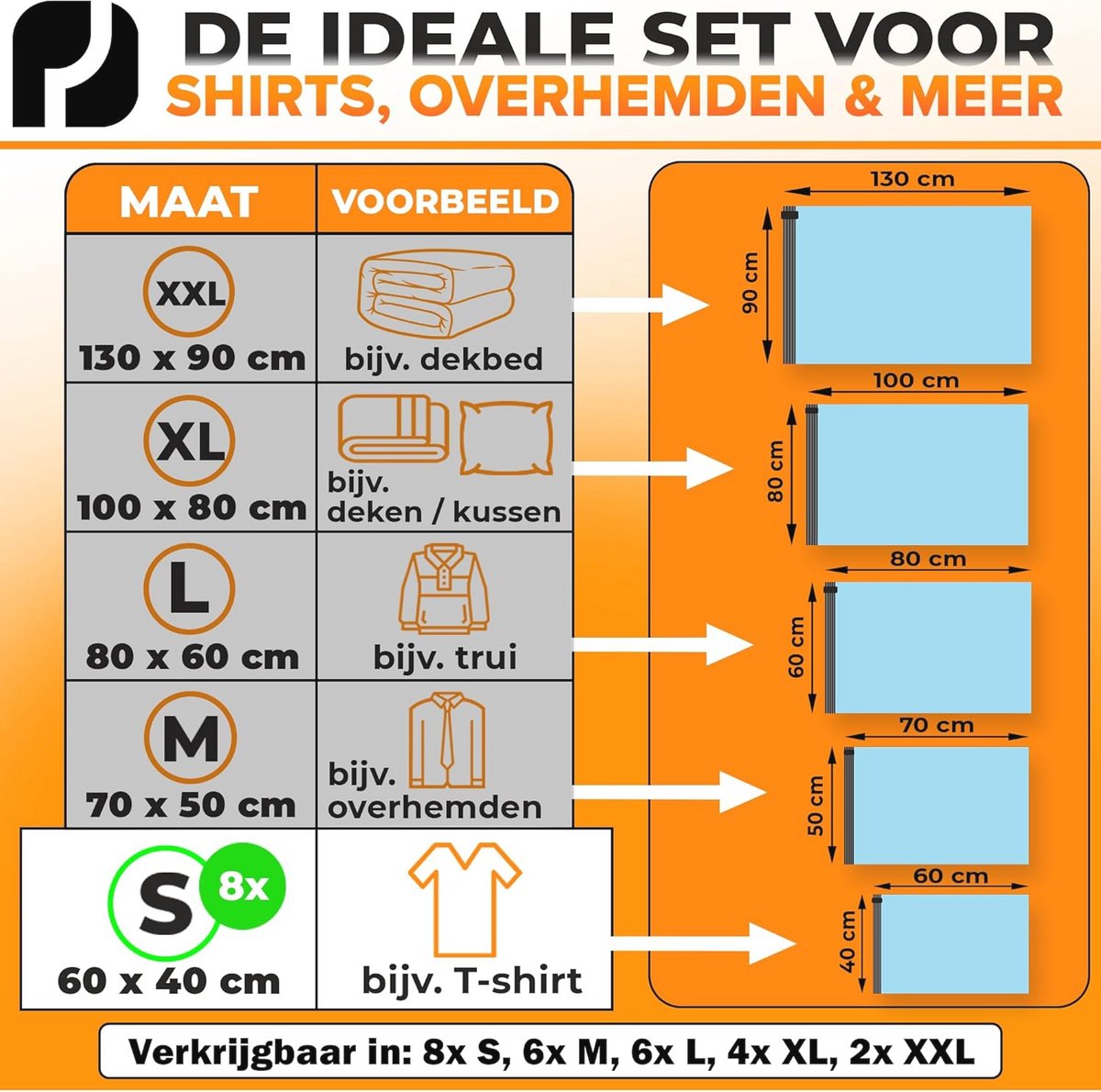Stofzuigerzakken voor Kleding - 8 Stuks - Maat S: 60x40cm - Sterk en Luchtdicht - Ideaal voor Opslag en Reizen