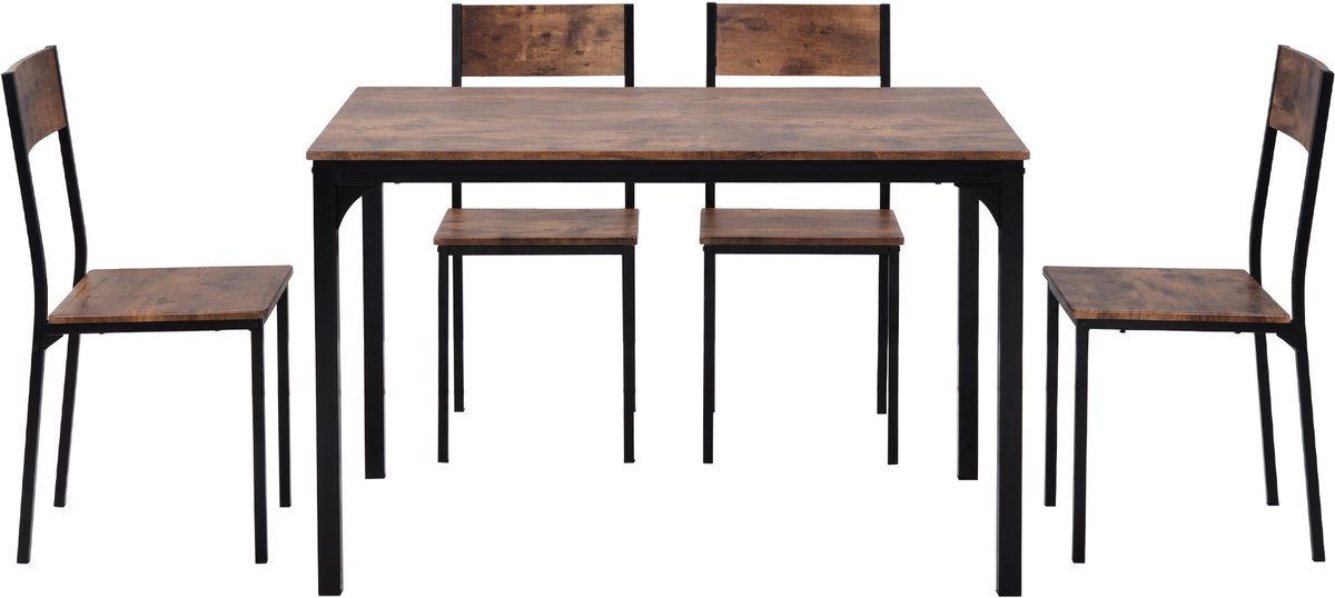 Zitgroep, eetkamerset, eettafel met 4 stoelen, voor balkon, eetkamer en woonkamer, vintage bruin
